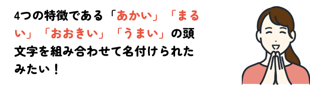 4つの特徴である「あかい」「まるい」「おおきい」「うまい」の頭文字を組み合わせて名付けられたみたい！